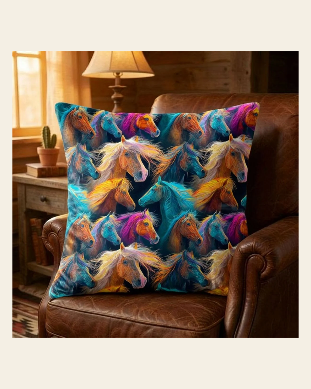 Baha Ranch Velvety Soft Colorful Horses Pillow Cover Made in America on a warm cream background