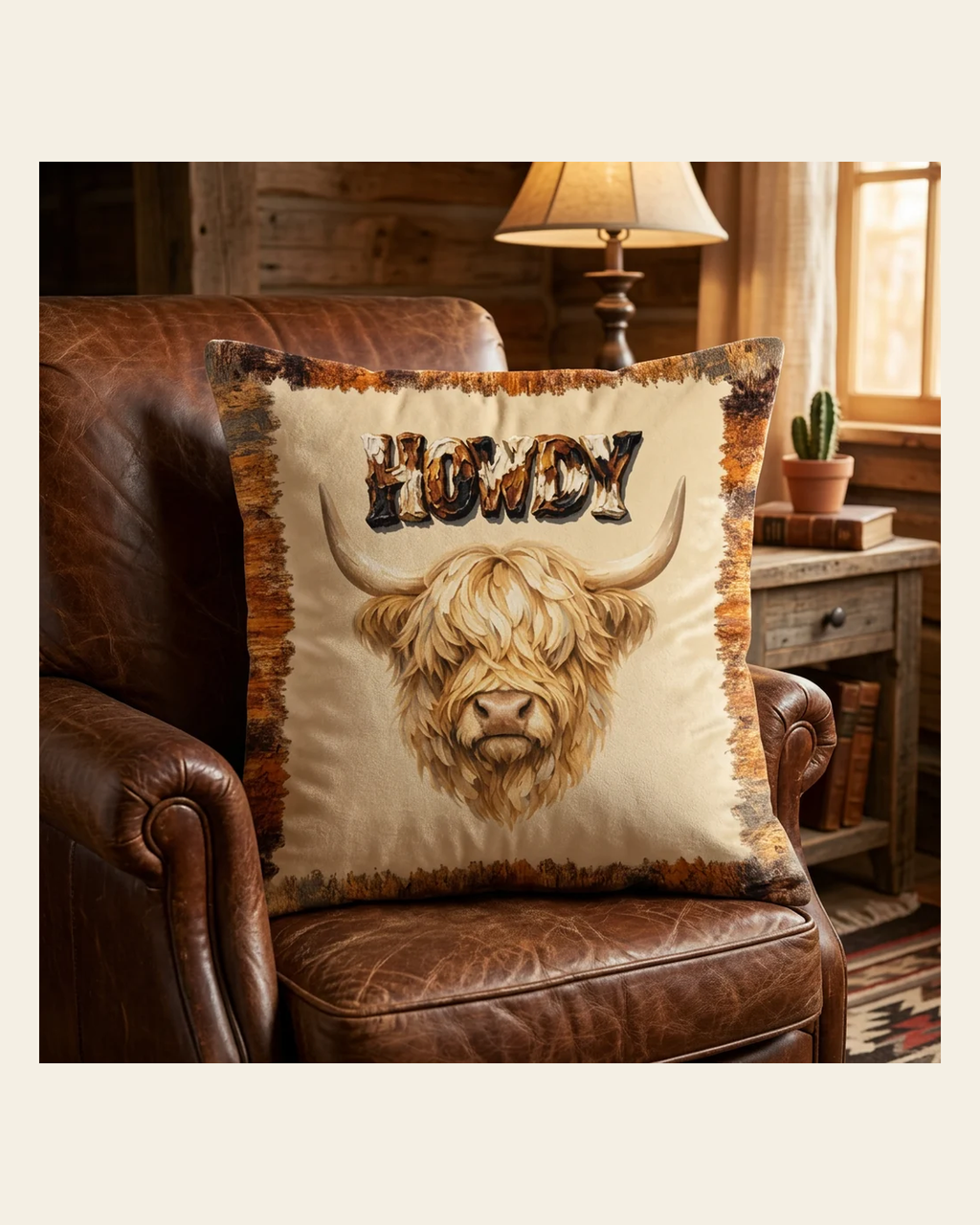 Baha Ranch Velvety Soft Howdy Highland Pillow Cover Made in America on a warm cream background