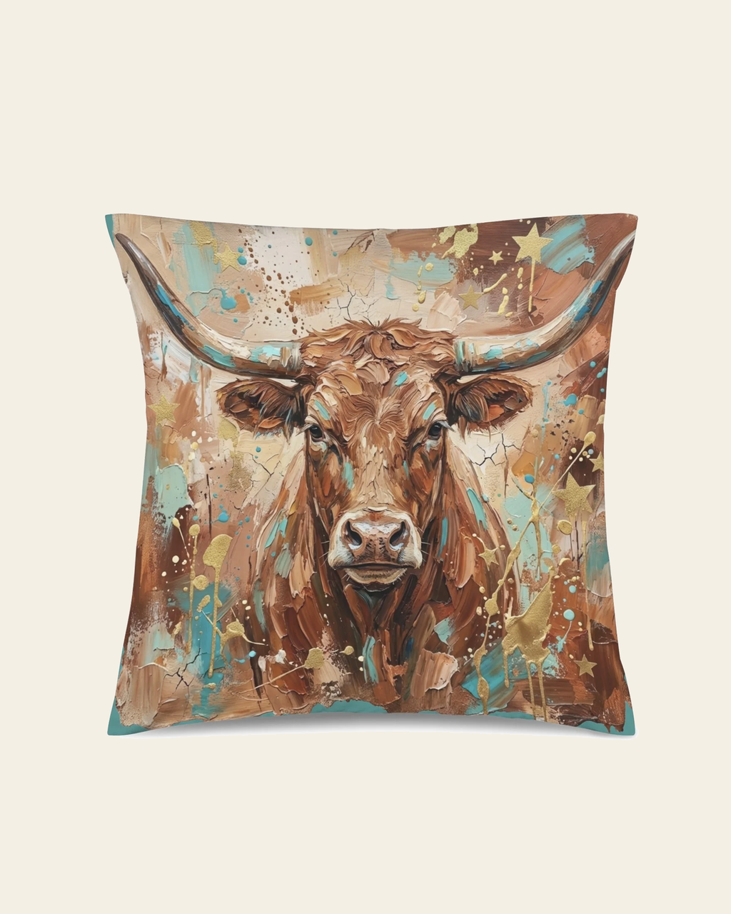 Baha Ranch Velvety Soft Painted Bull Pillow Cover Made in America on a warm cream background