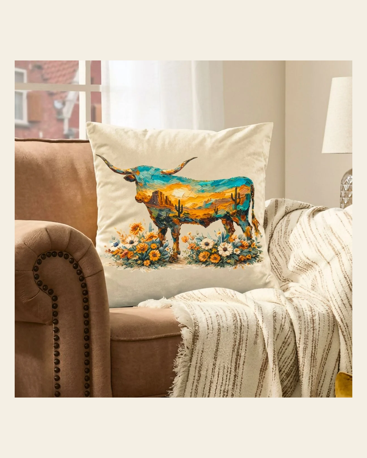 Baha Ranch Velvety Soft Painted Longhorn Pillow Cover Made in America on a warm cream background