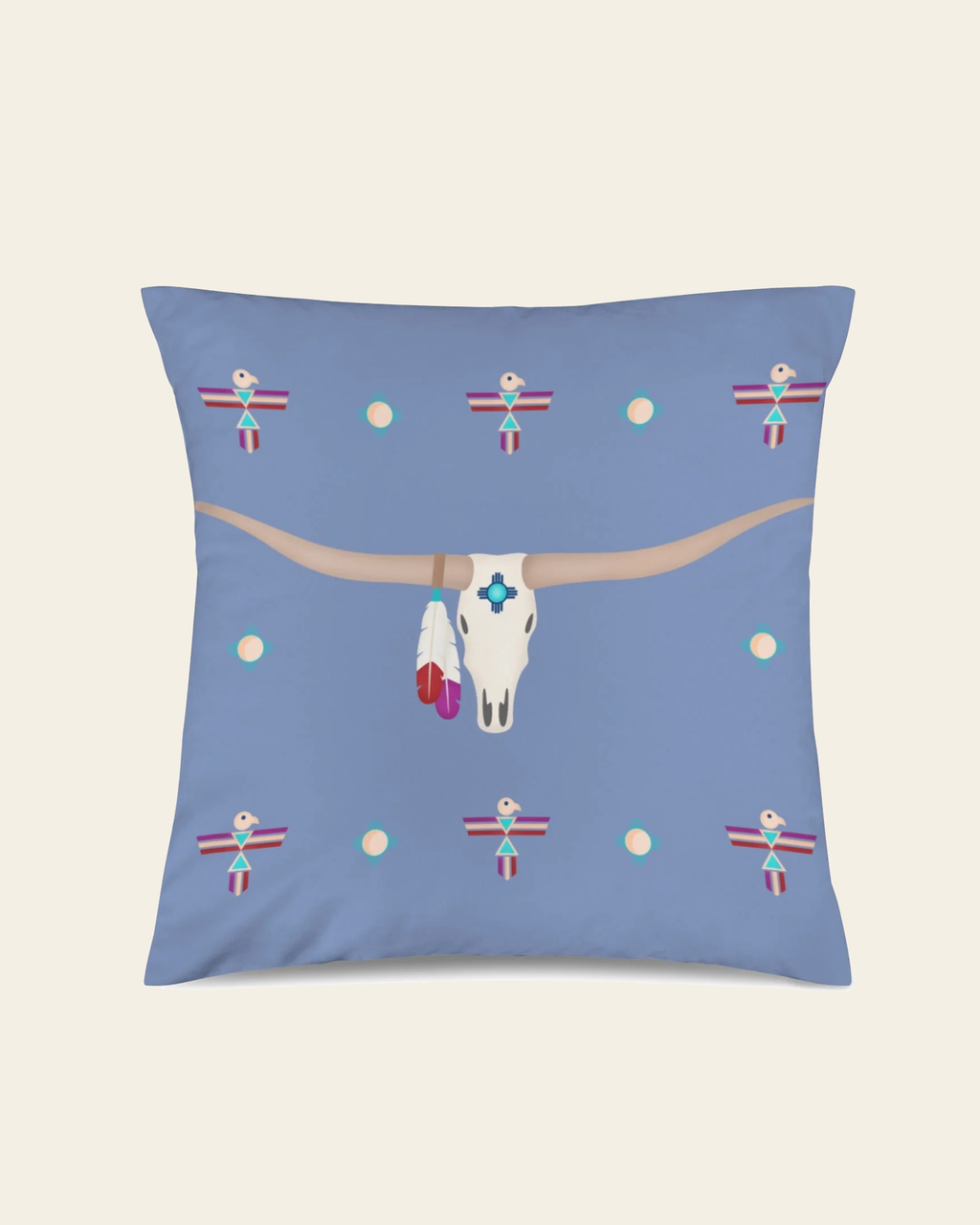 Baha Ranch Velvety Soft Southwest Longhorn Zia Pillow Cover Made in America on a warm cream background