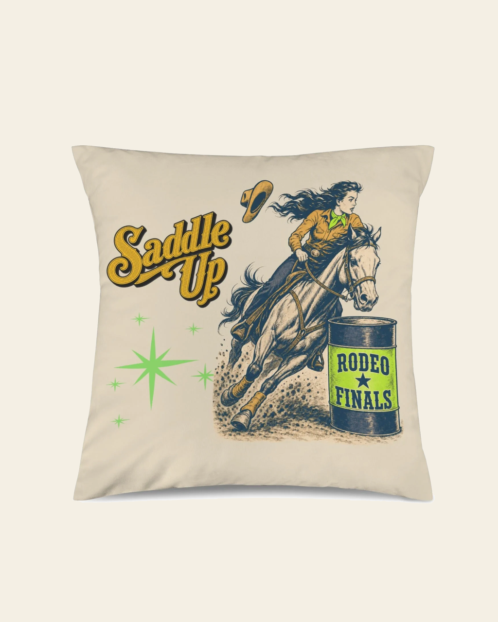 Baha Ranch Velvety Soft The Last Roundup Barrel Racer Throw Pillow Cover Made in America on a warm cream background