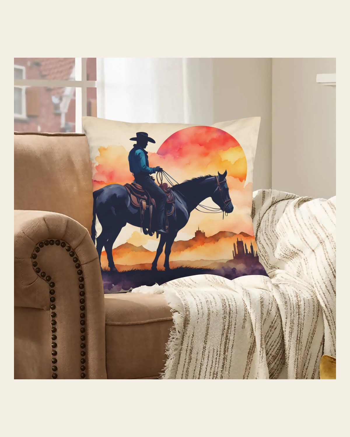 Baha Ranch Velvety Soft Watercolor Desert Cowboy Pillow Cover Made in America on a warm cream background