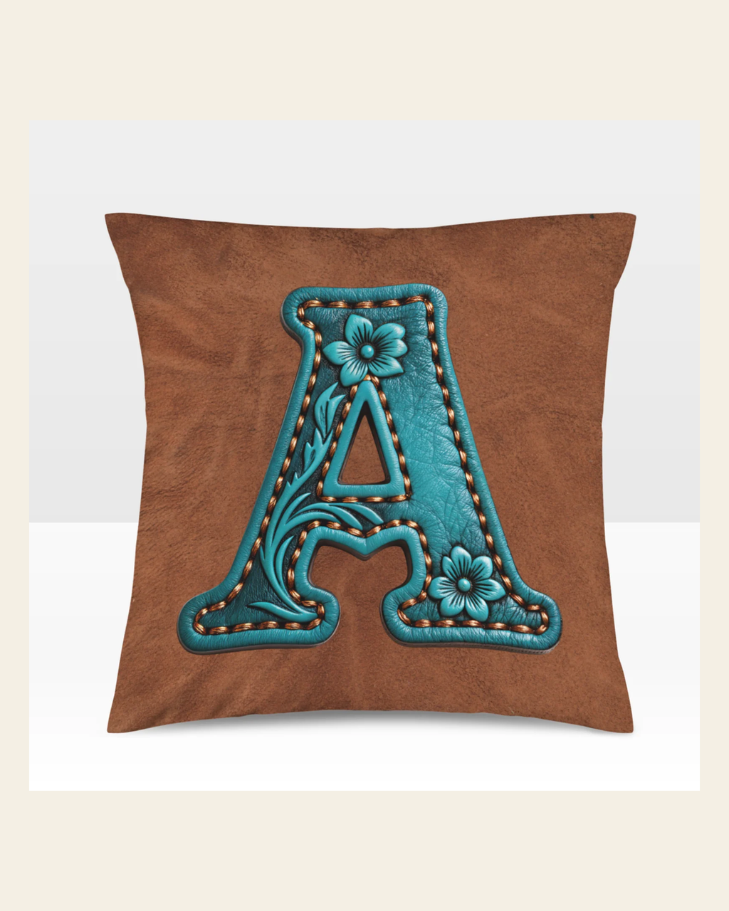 Baha Ranch Velvety Soft Western Tooled Initial Personalized Pillow Cover Made in America on a warm cream background