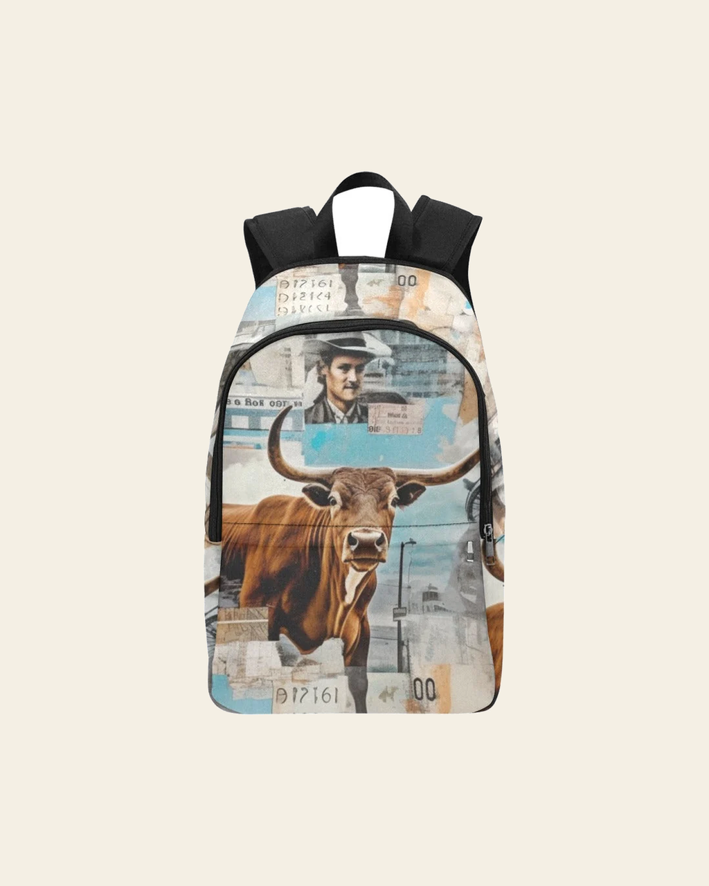 Baha Ranch Vintage Bull Collage Western Backpack on a warm cream background