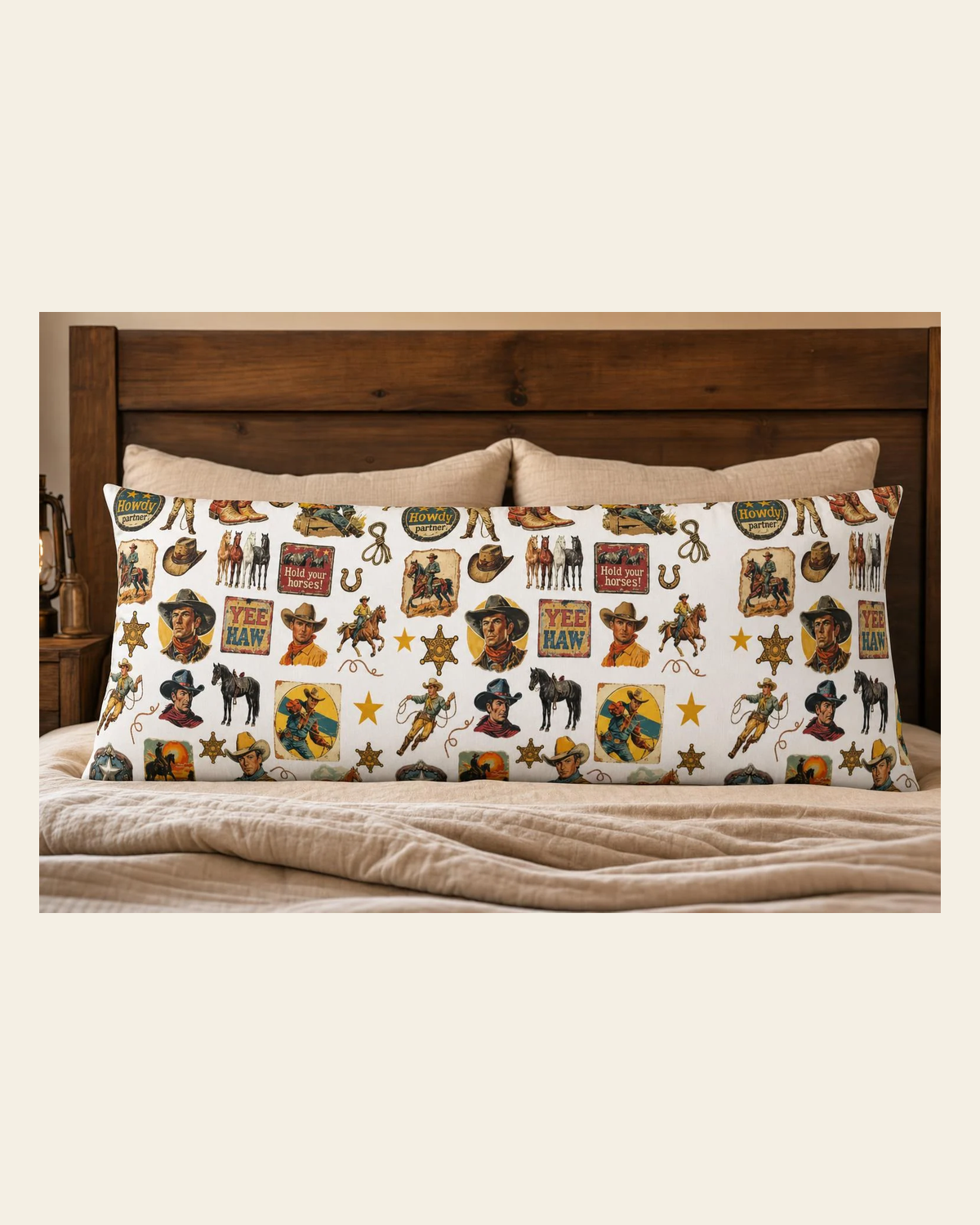 Baha Ranch Vintage Cowboy Body Pillow Cover Made in America on a warm cream background