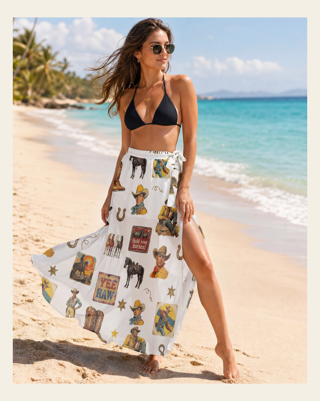 Baha Ranch Vintage Cowboy Collage Beach Coverup Skirt on a warm cream background