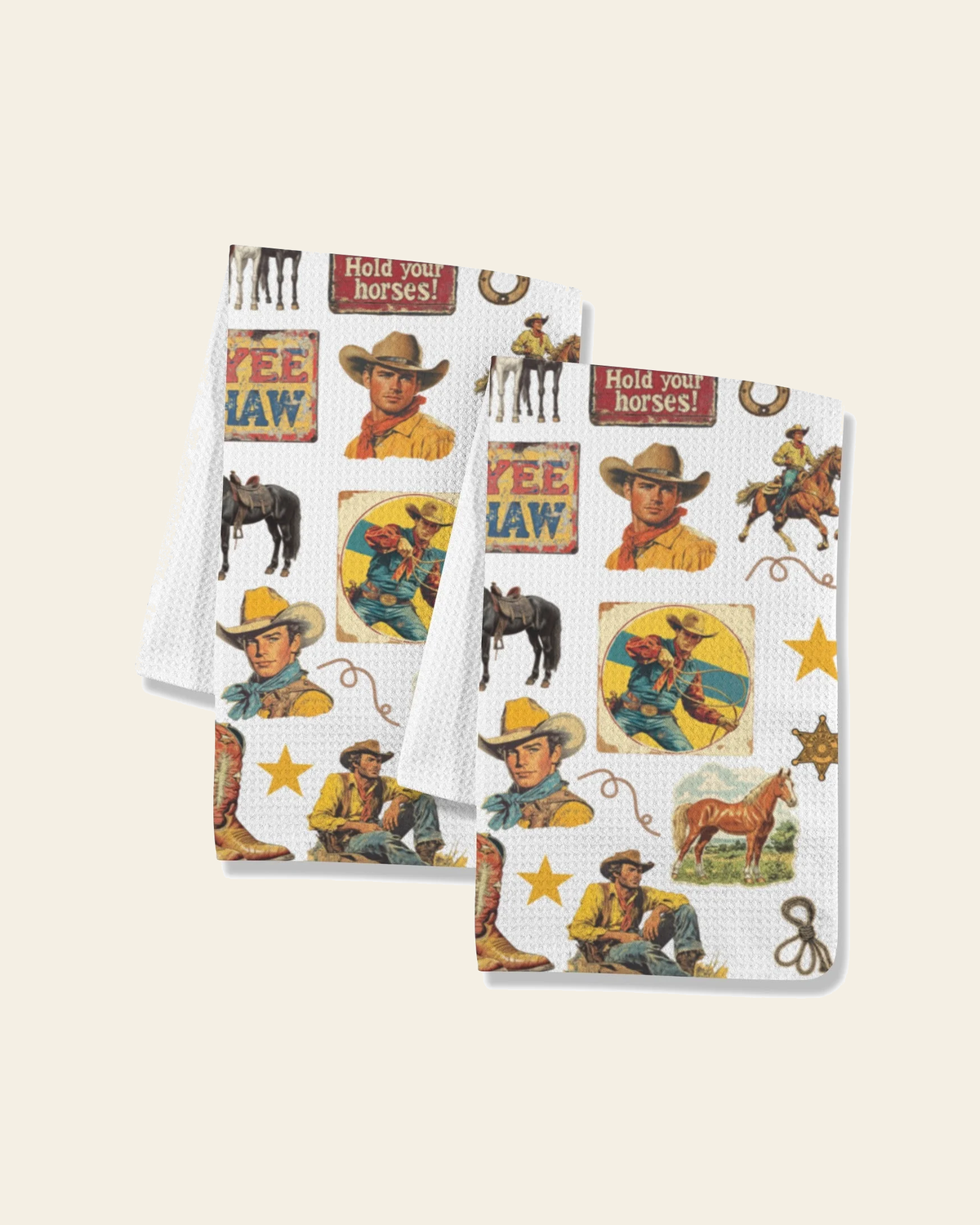 Baha Ranch Vintage Cowboy Collage Dish Towel Set of 2 Made in America on a warm cream background