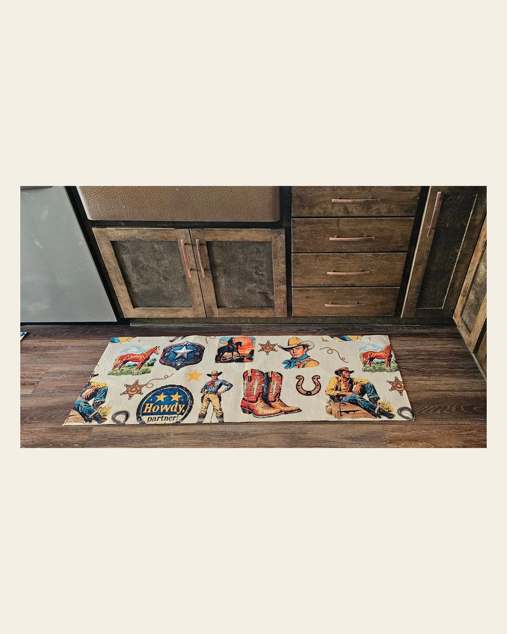 Baha Ranch Vintage Cowboy Collage Rug Runner Indoor 60" x 22" Made in America on a warm cream background