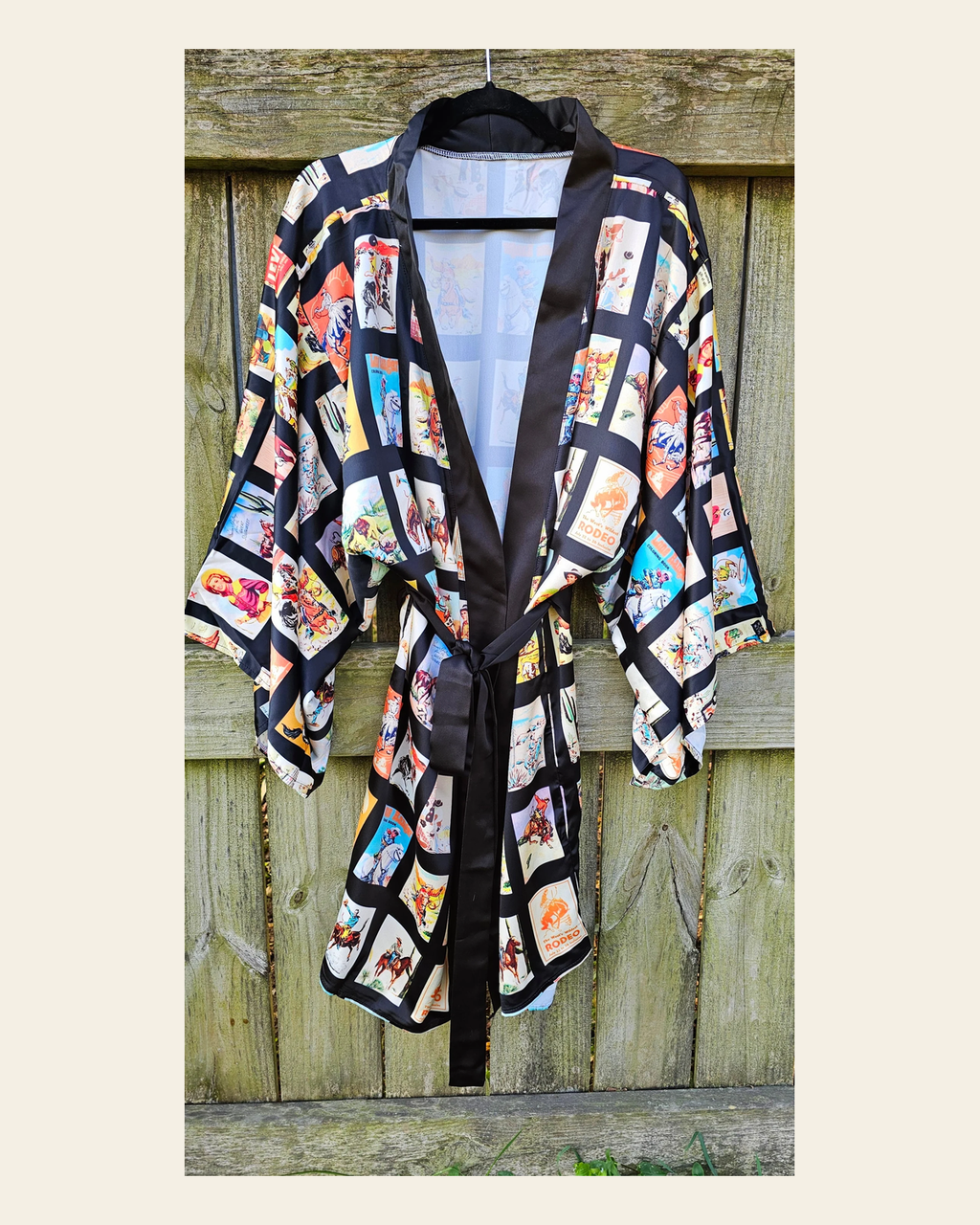 Baha Ranch Vintage Cowboy Collage Satin Kimono Robe on a warm cream background