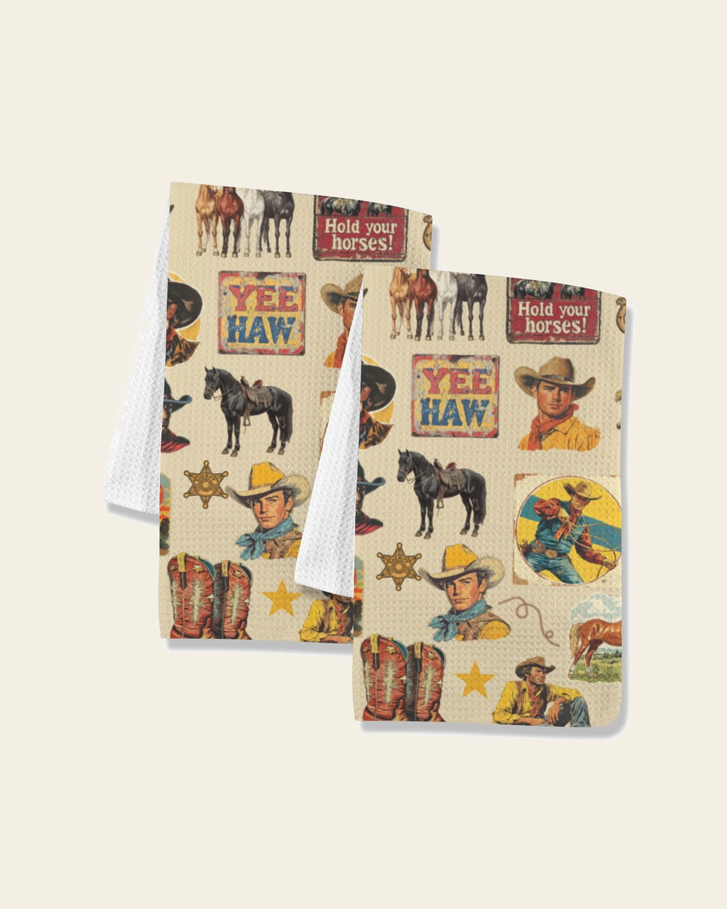 Baha Ranch Vintage Cowboy Collage Set of 2 Dish Towels Made in America on a warm cream background