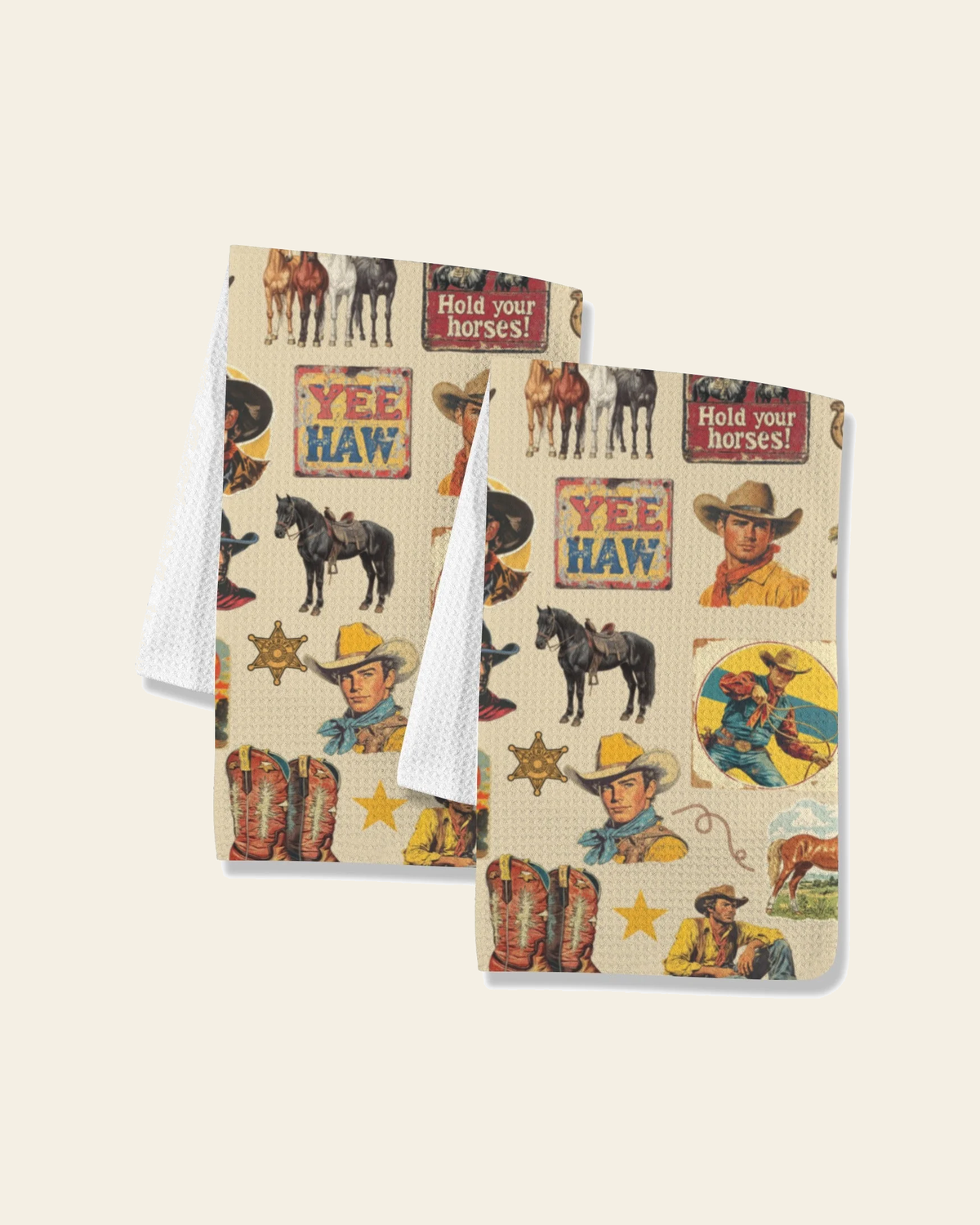 Baha Ranch Vintage Cowboy Collage Set of 2 Dish Towels Made in America on a warm cream background