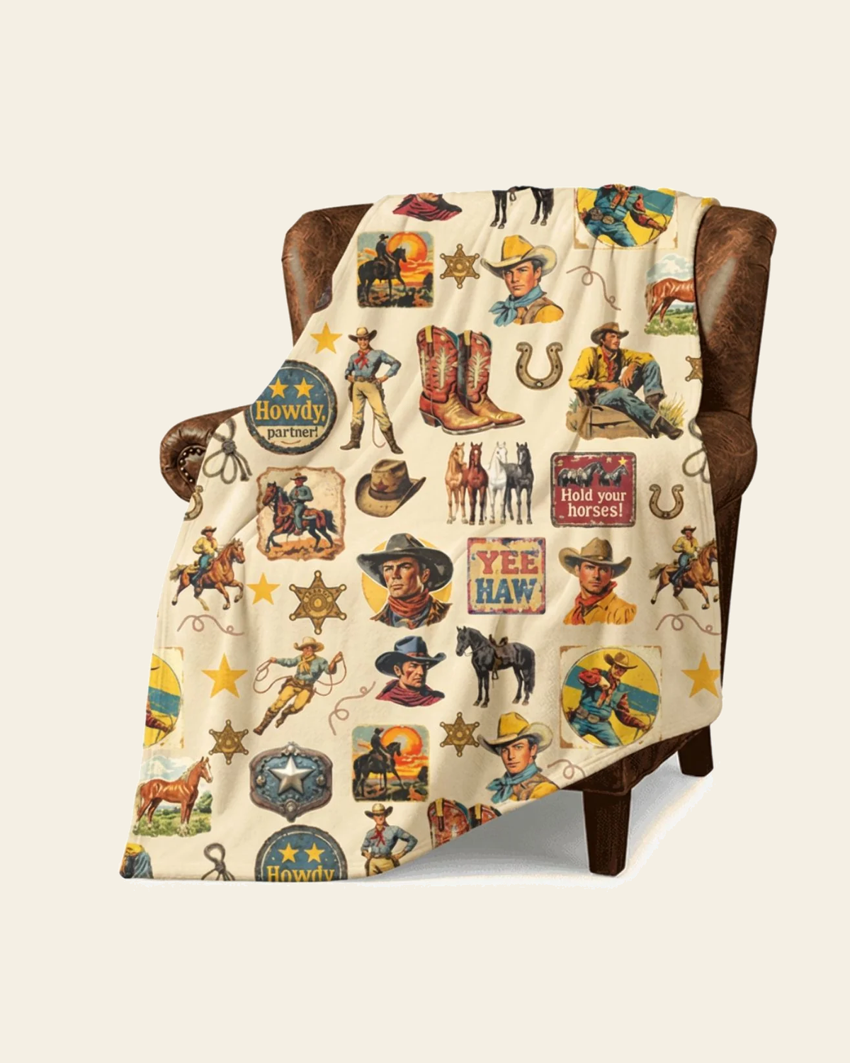 Baha Ranch Vintage Cowboy Collage Ultra-Soft Micro Fleece Blanket 60" x 80" Made in America on a warm cream background