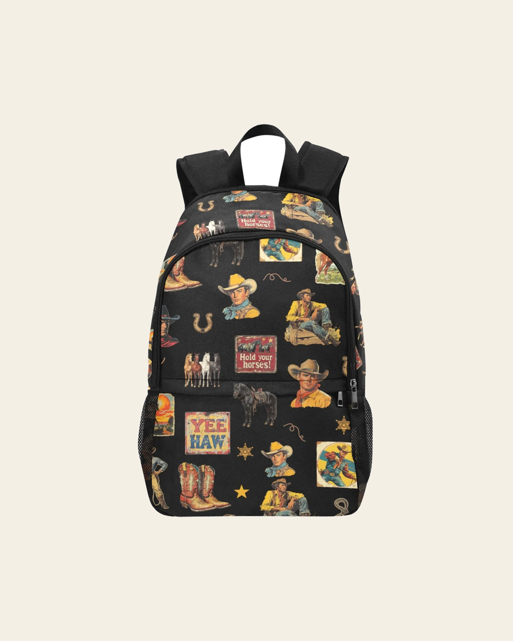 Baha Ranch Vintage Cowboy Collage Western Backpack on a warm cream background
