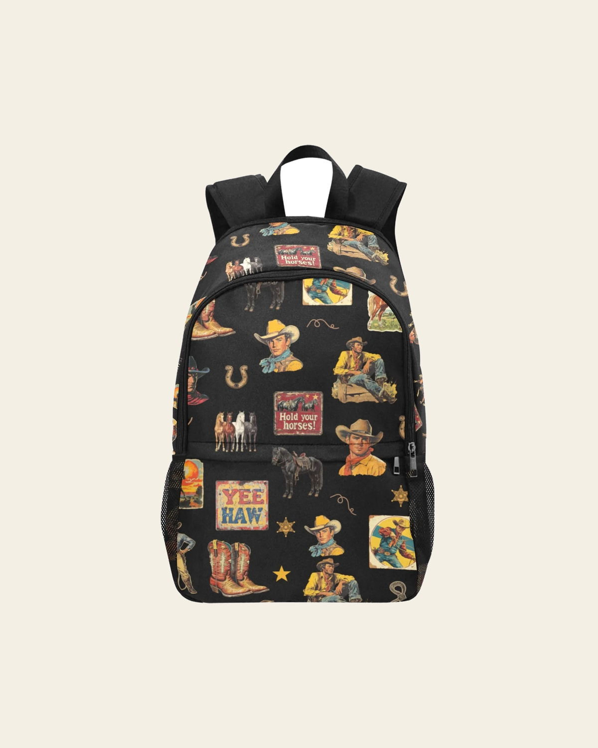 Baha Ranch Vintage Cowboy Collage Western Backpack on a warm cream background