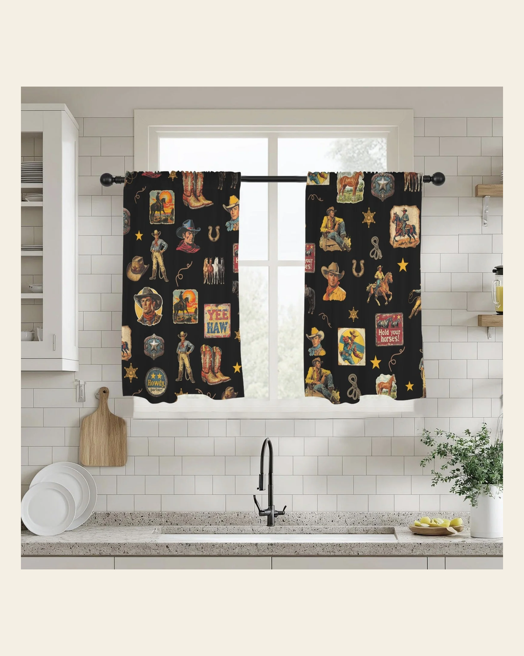 Baha Ranch Vintage Cowboy Collage Western Curtains 28" x 40" Made in America on a warm cream background