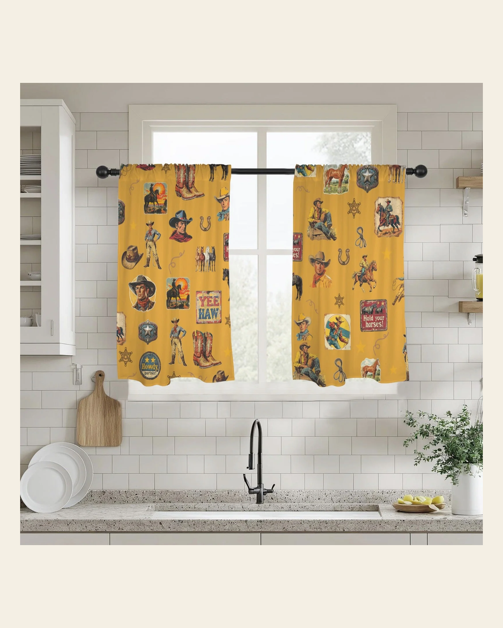 Baha Ranch Vintage Cowboy Collage Western Curtains 28" x 40" Made in America on a warm cream background