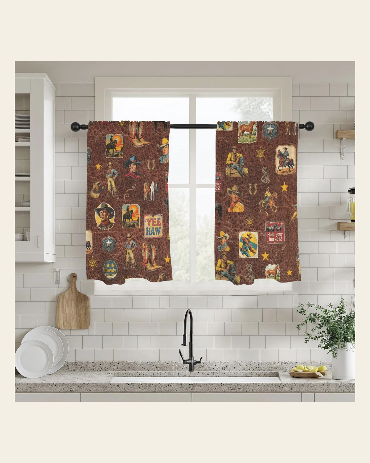 Baha Ranch Vintage Cowboy Collage Western Curtains 28" x 40" Made in America on a warm cream background