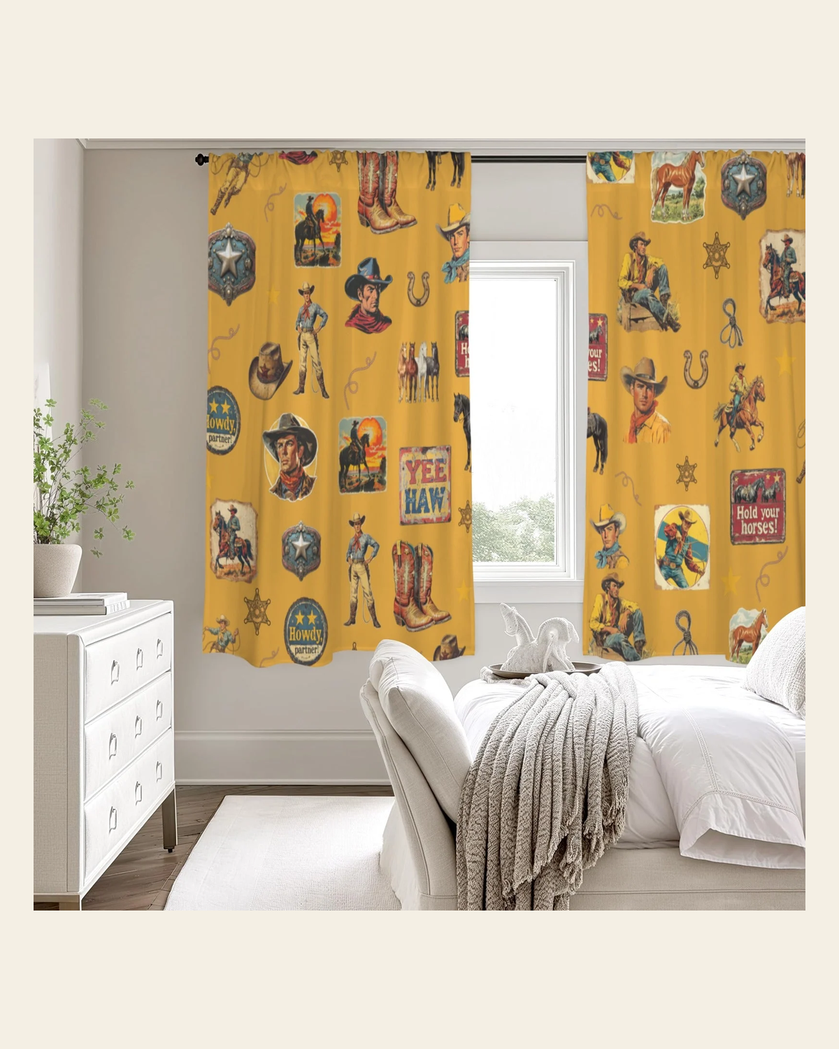 Baha Ranch Vintage Cowboy Collage Western Curtains 52" x 63" Made in America on a warm cream background