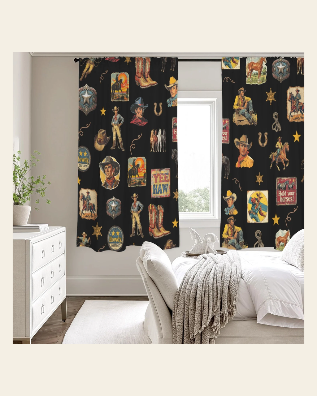 Baha Ranch Vintage Cowboy Collage Western Curtains 52" x 63" Made in America on a warm cream background