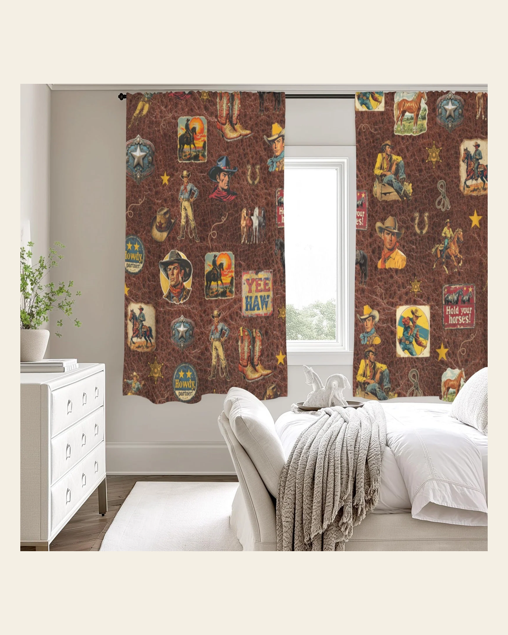 Baha Ranch Vintage Cowboy Collage Western Curtains 52" x 63" Made in America on a warm cream background