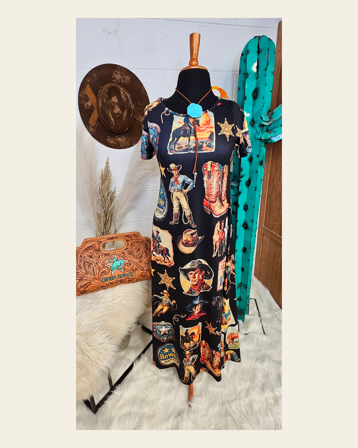 Baha Ranch Vintage Cowboy Collage Western Dress on a warm cream background