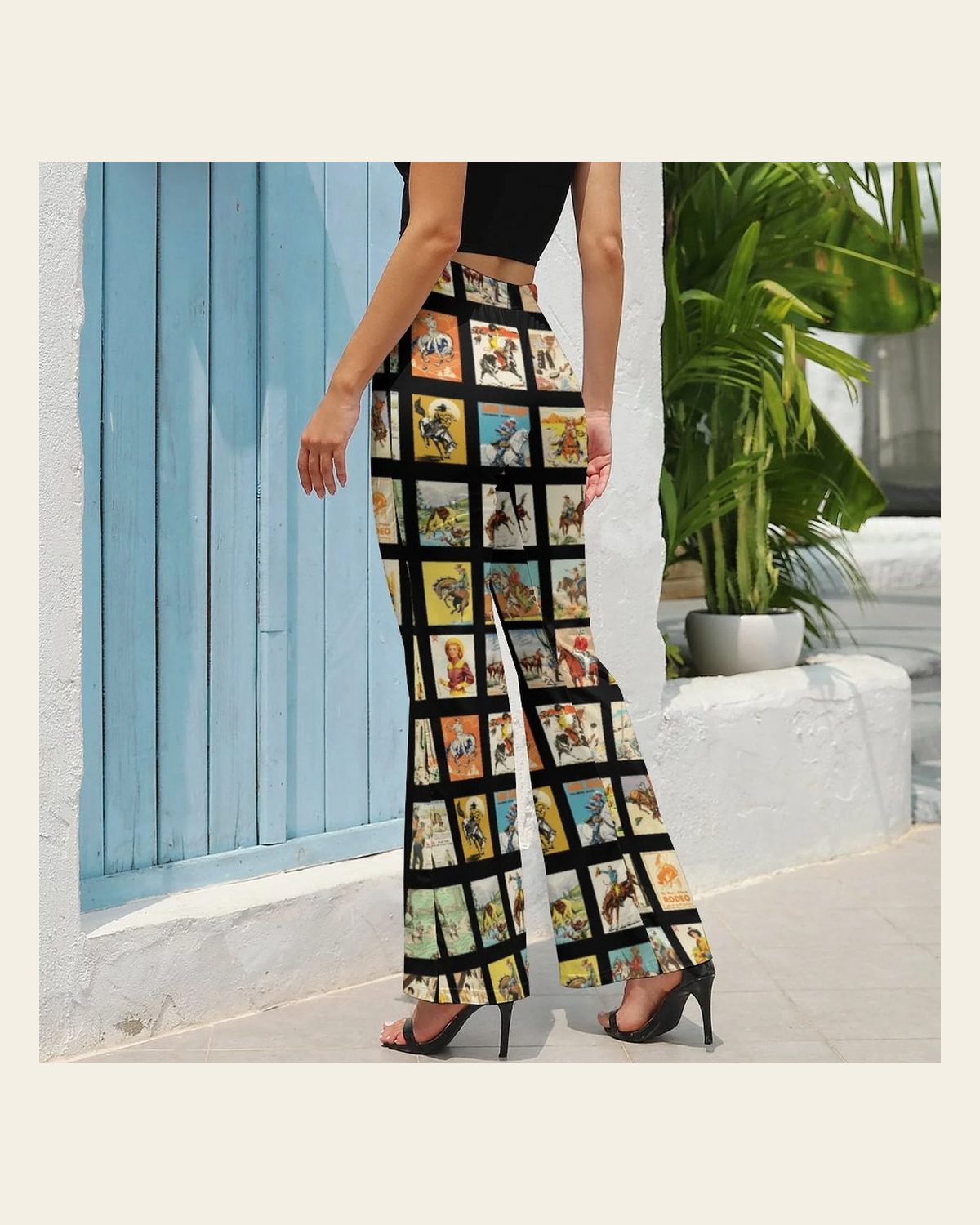 Baha Ranch Vintage Cowboy Collage Western Flare Pants on a warm cream background