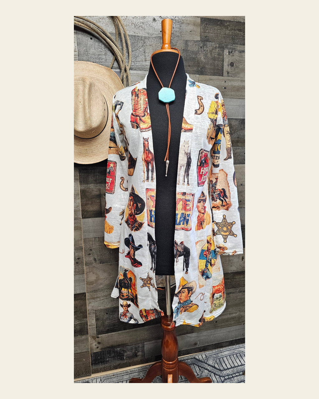Baha Ranch Vintage Cowboy Collage Western Lightweight Cardigan on a warm cream background