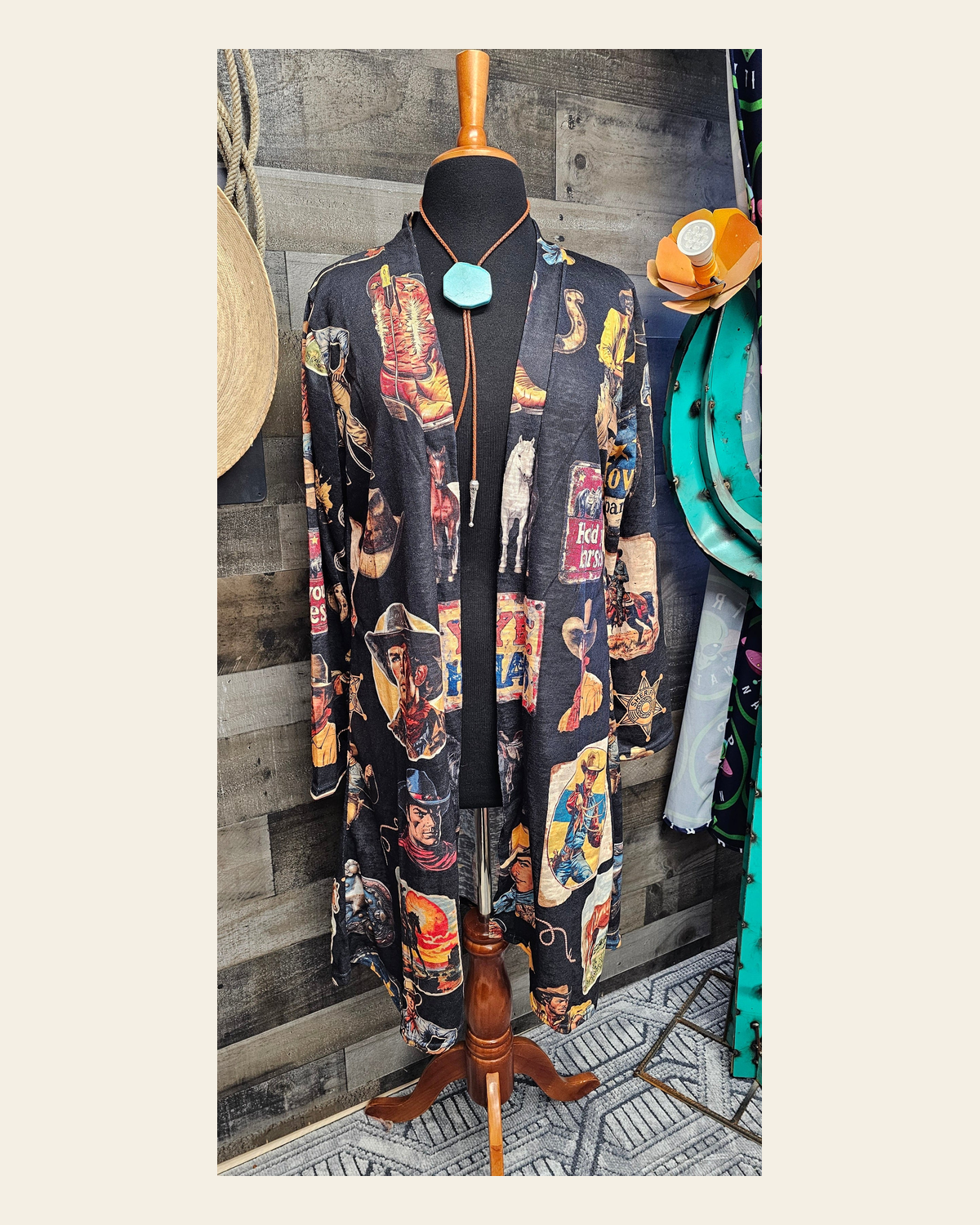 Baha Ranch Vintage Cowboy Collage Western Lightweight Cardigan on a warm cream background