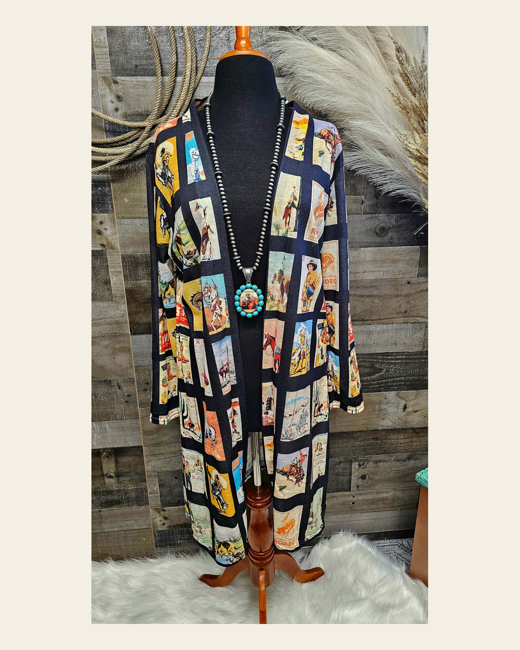 Baha Ranch Vintage Cowboy Collage Western Lightweight Cardigan on a warm cream background