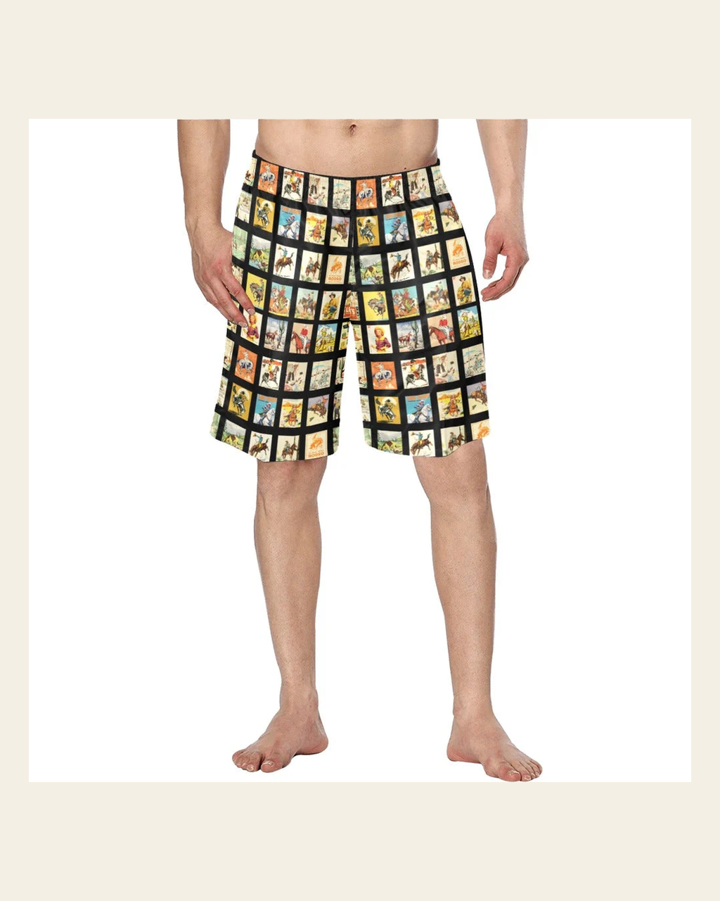 Baha Ranch Vintage Cowboy Collage Western Men's Swim Trunk Shorts on a warm cream background