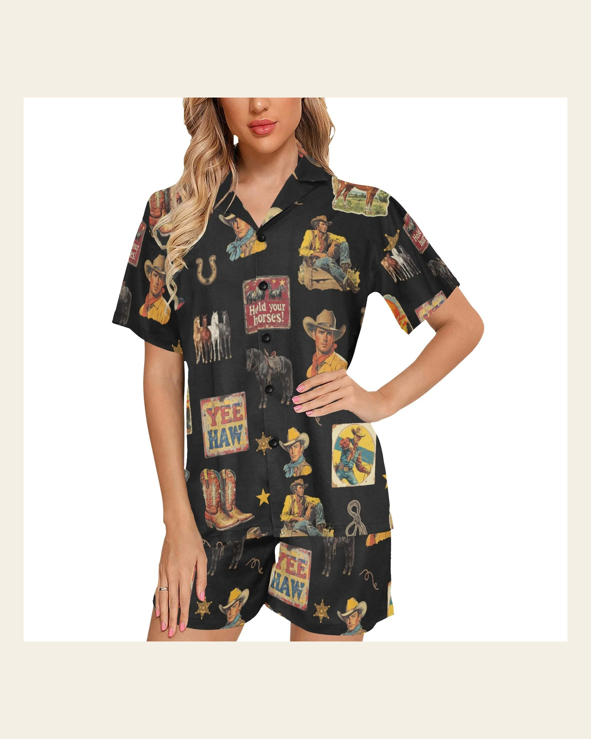 Baha Ranch Vintage Cowboy Collage Western Pajama Set on a warm cream background