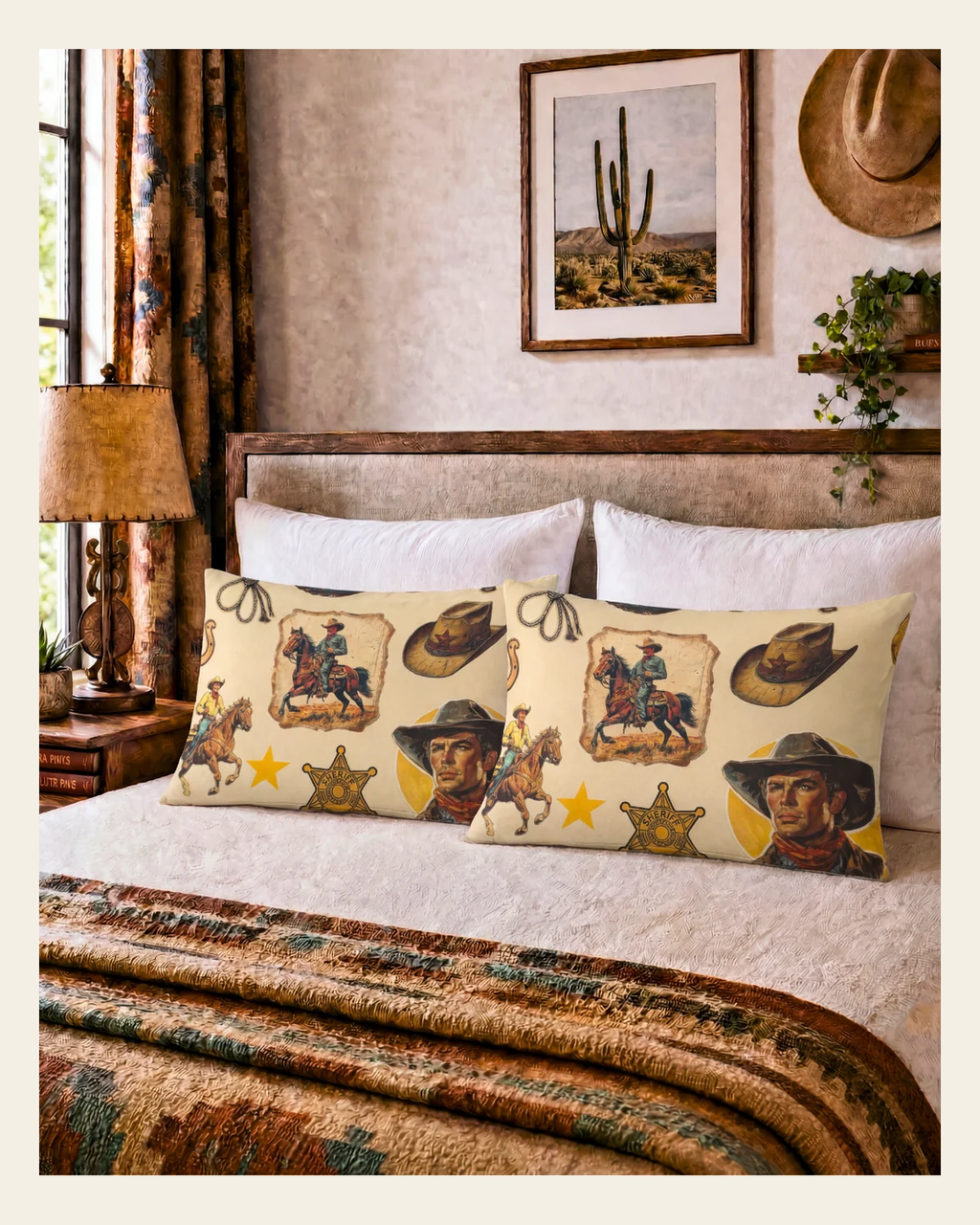 Baha Ranch Vintage Cowboy Collage Western Pillow Case on a warm cream background