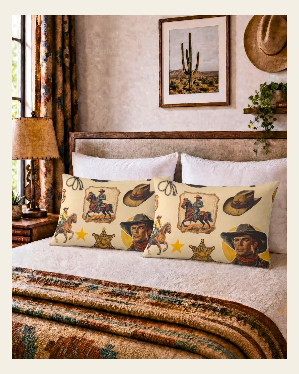 Baha Ranch Vintage Cowboy Collage Western Pillow Case on a warm cream background