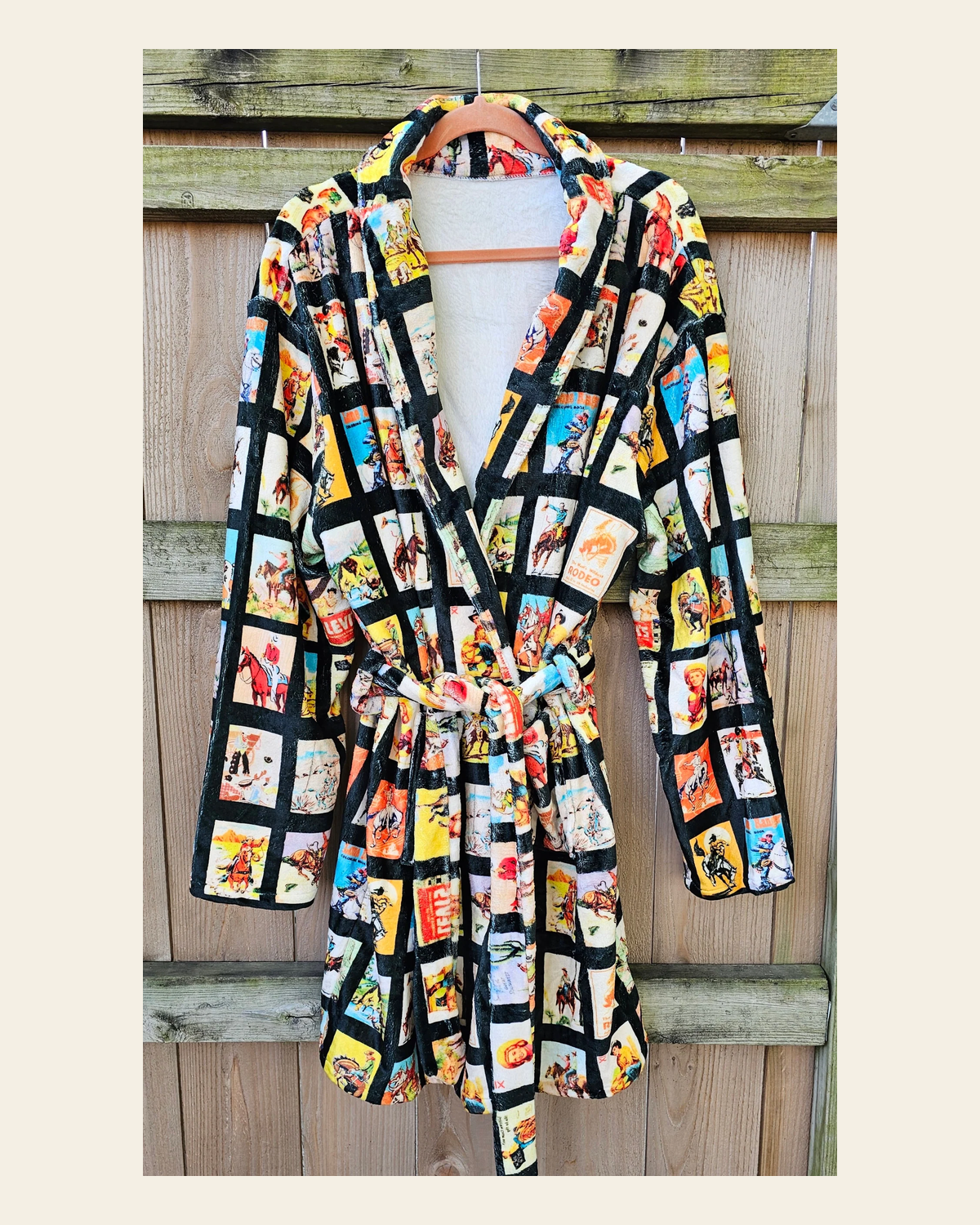 Baha Ranch Vintage Cowboy Collage Western Robe on a warm cream background