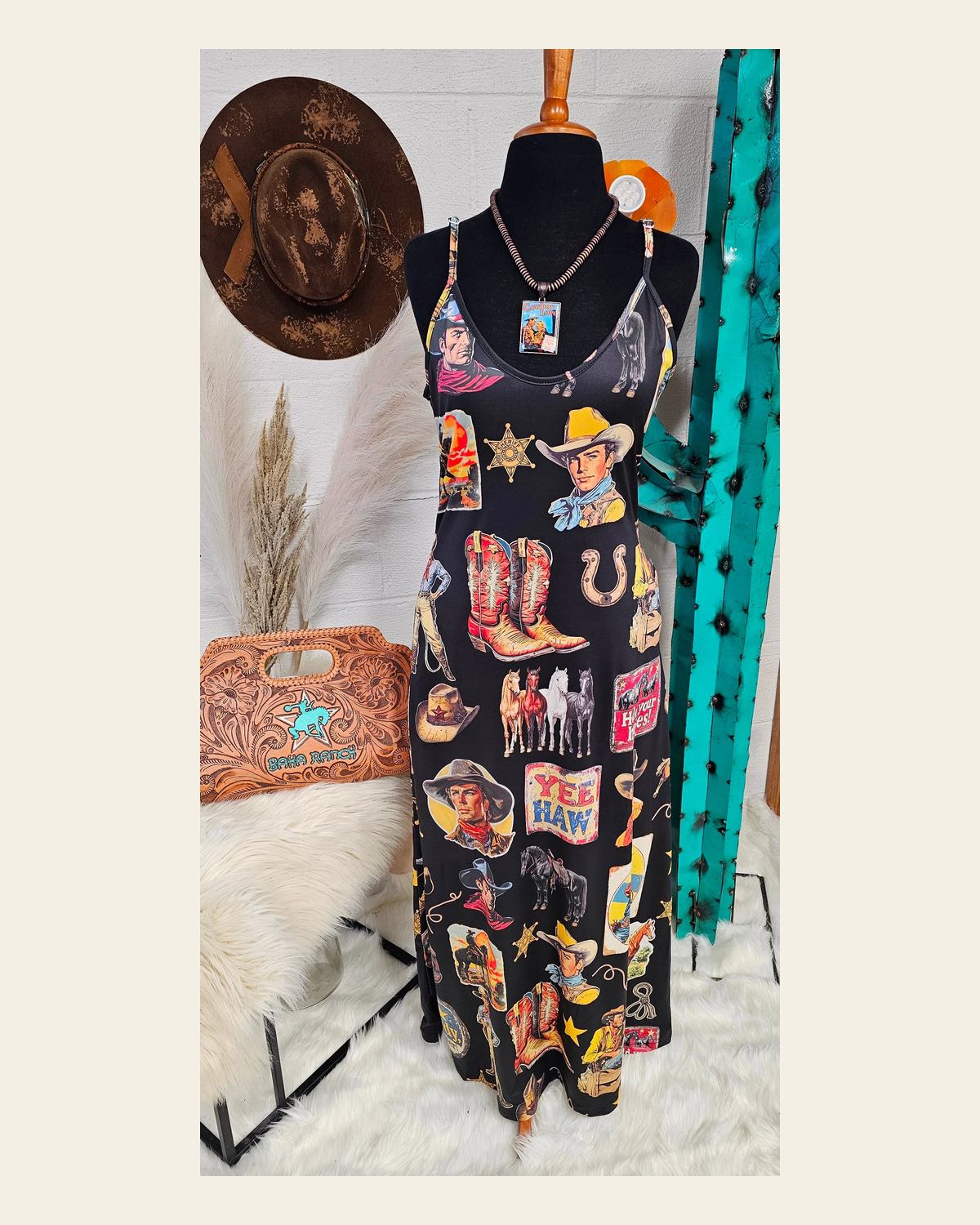 Baha Ranch Vintage Cowboy Collage Western Sun Dress on a warm cream background