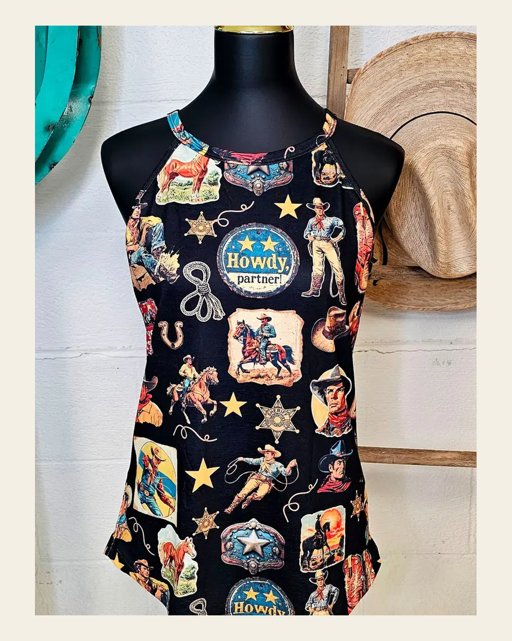 Baha Ranch Vintage Cowboy Collage Western Tank Top on a warm cream background