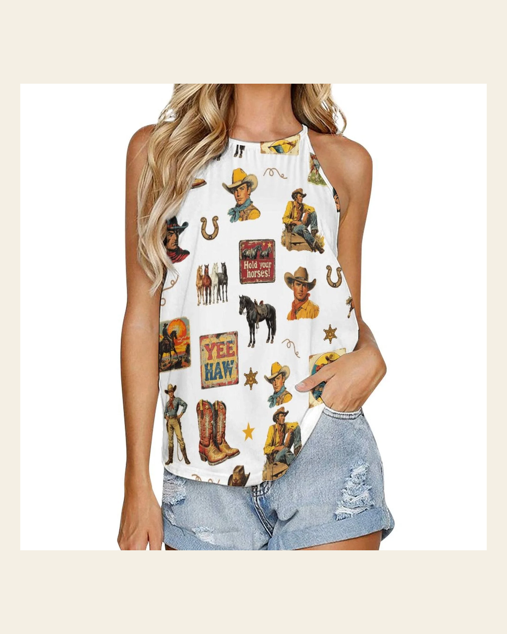 Baha Ranch Vintage Cowboy Collage Western Tank Top on a warm cream background