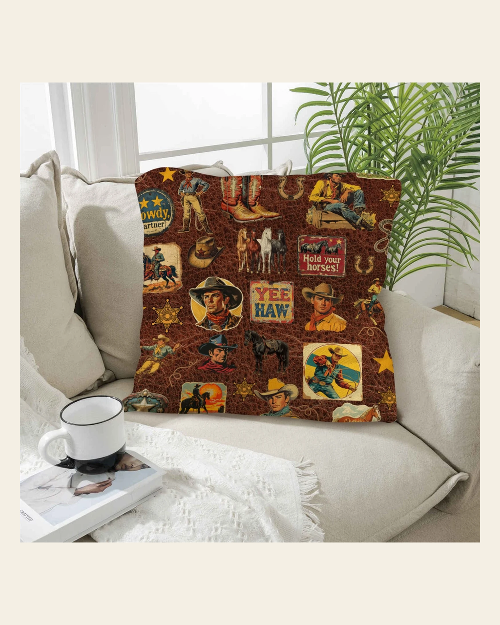Baha Ranch Vintage Cowboy Collage Western Throw Pillow Case Made in America on a warm cream background