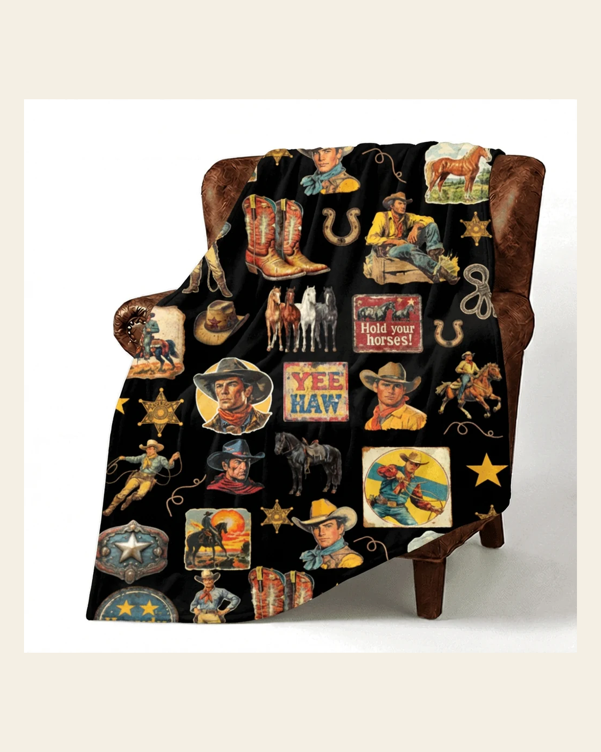 Baha Ranch Vintage Cowboy Collage Western Ultra Soft Minky Throw Blanket 60" x 80" Made in America on a warm cream background
