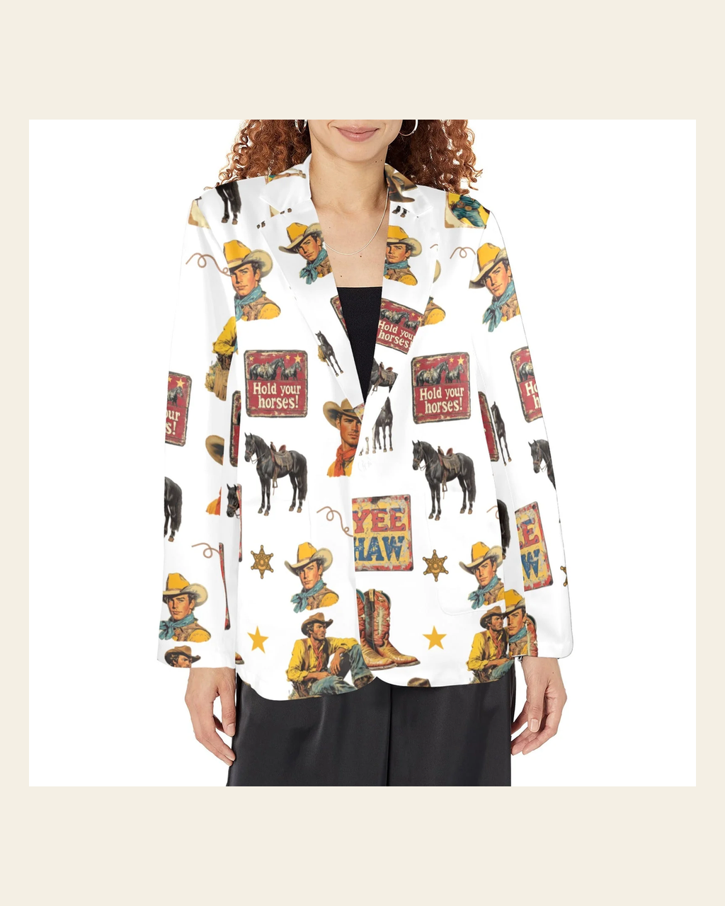 Baha Ranch Vintage Cowboy Collage Western Women's Blazer on a warm cream background