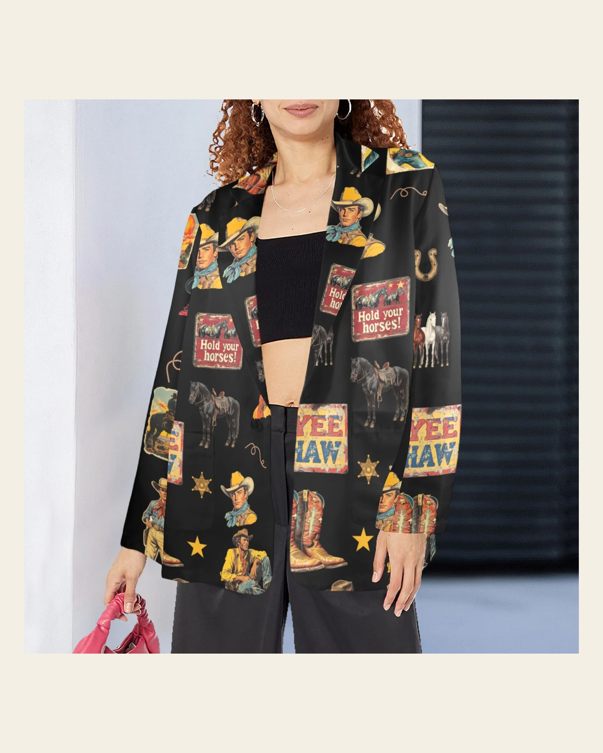 Baha Ranch Vintage Cowboy Collage Western Women's Blazer on a warm cream background