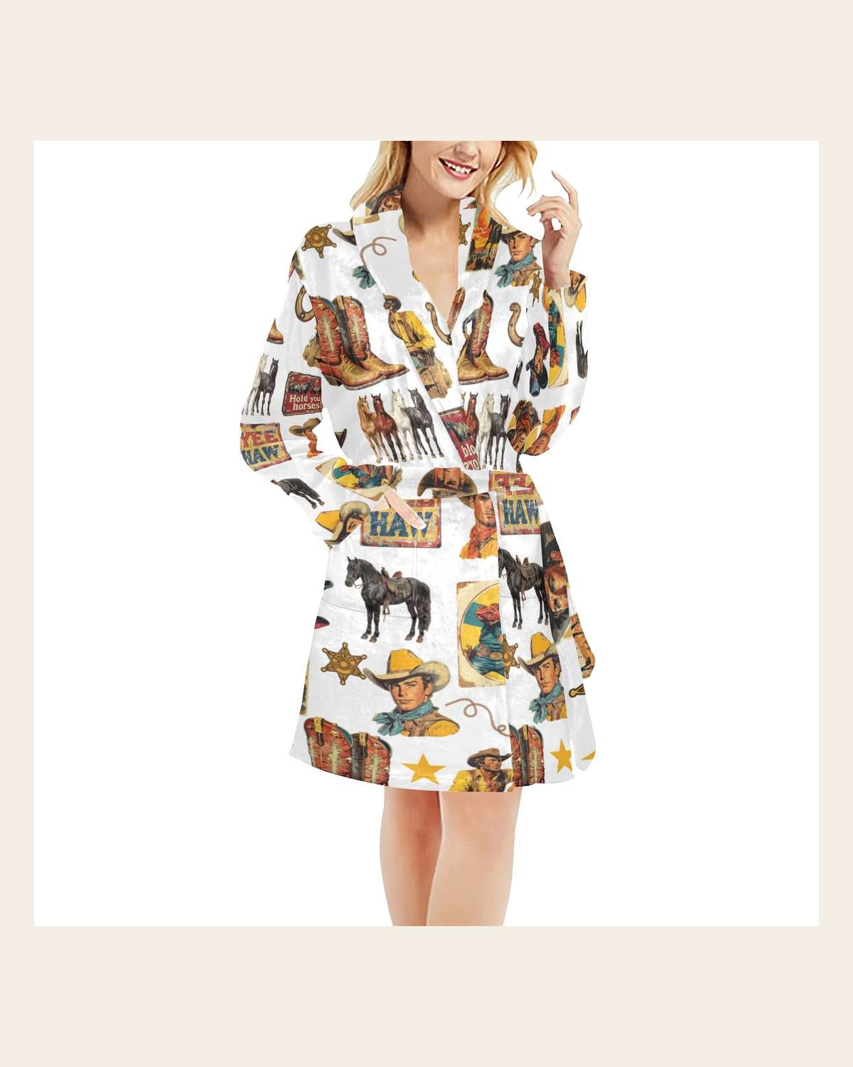 Baha Ranch Vintage Cowboy Collage Western Women's Robe on a warm cream background