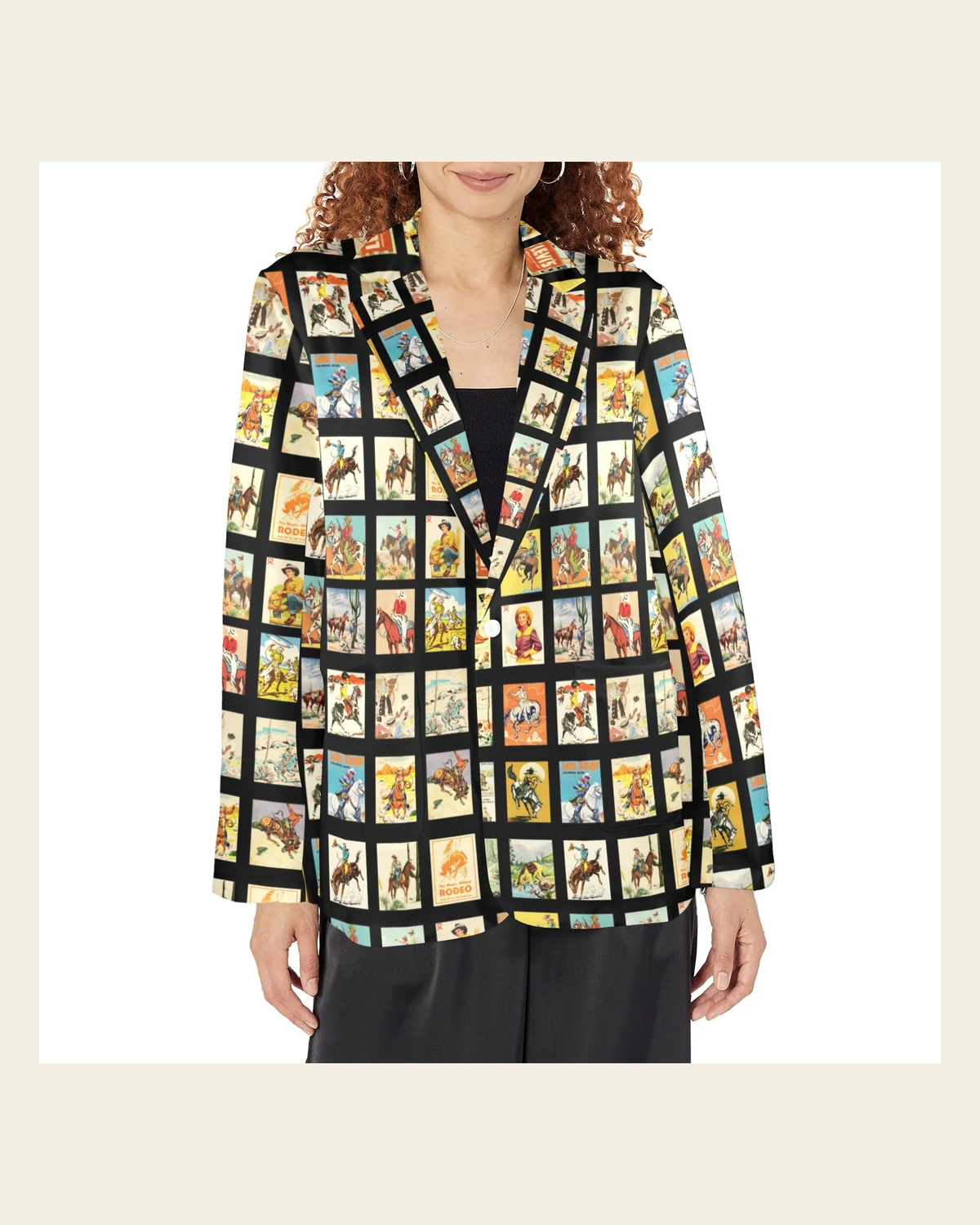 Baha Ranch Vintage Cowboy Collage Women's Western Blazer on a warm cream background