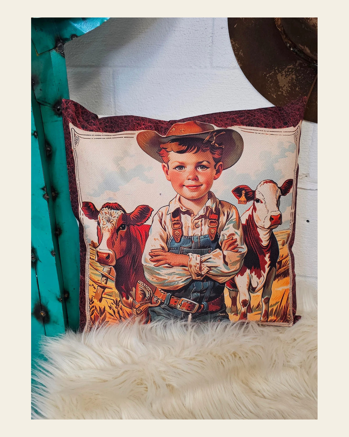 Baha Ranch Vintage Cowboy Pillow Case Made in America on a warm cream background