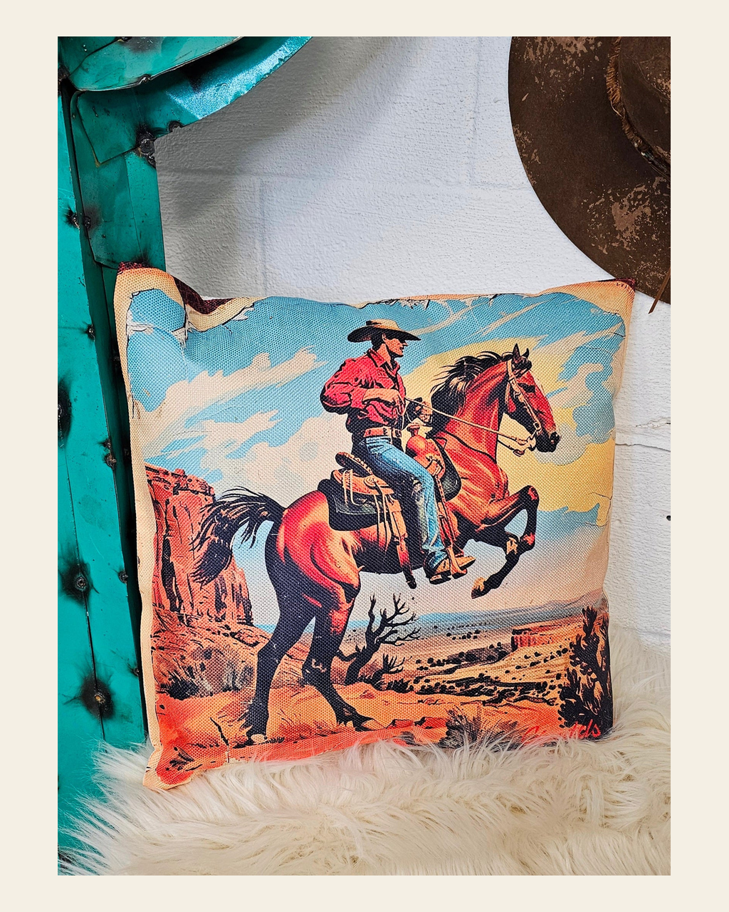 Baha Ranch Vintage Cowboy Pillow Case Made in America on a warm cream background