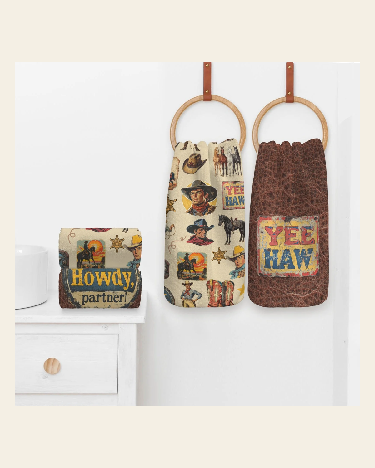 Baha Ranch Vintage Cowboy Set of 4 Kitchen Dish Towels Made in America on a warm cream background