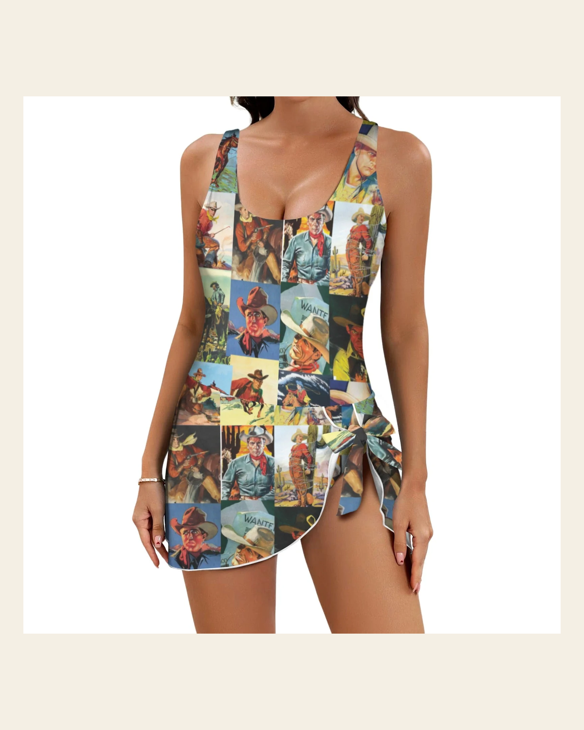 Baha Ranch Vintage Cowboy Skirted Swimsuit on a warm cream background