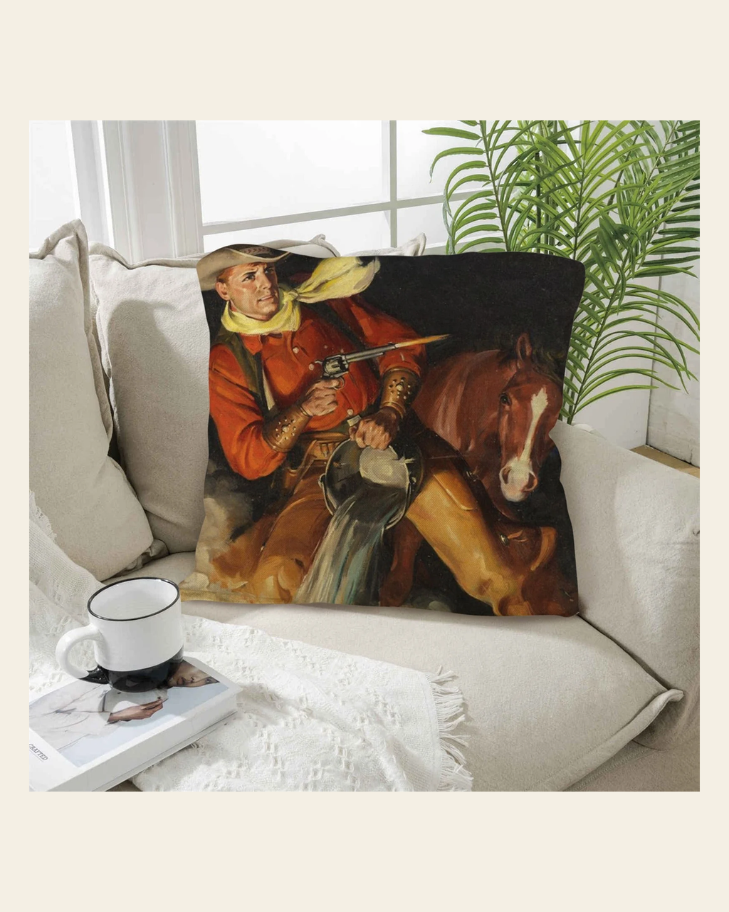 Baha Ranch Vintage Cowboy Throw Pillow Case 18x18inch Made in America on a warm cream background