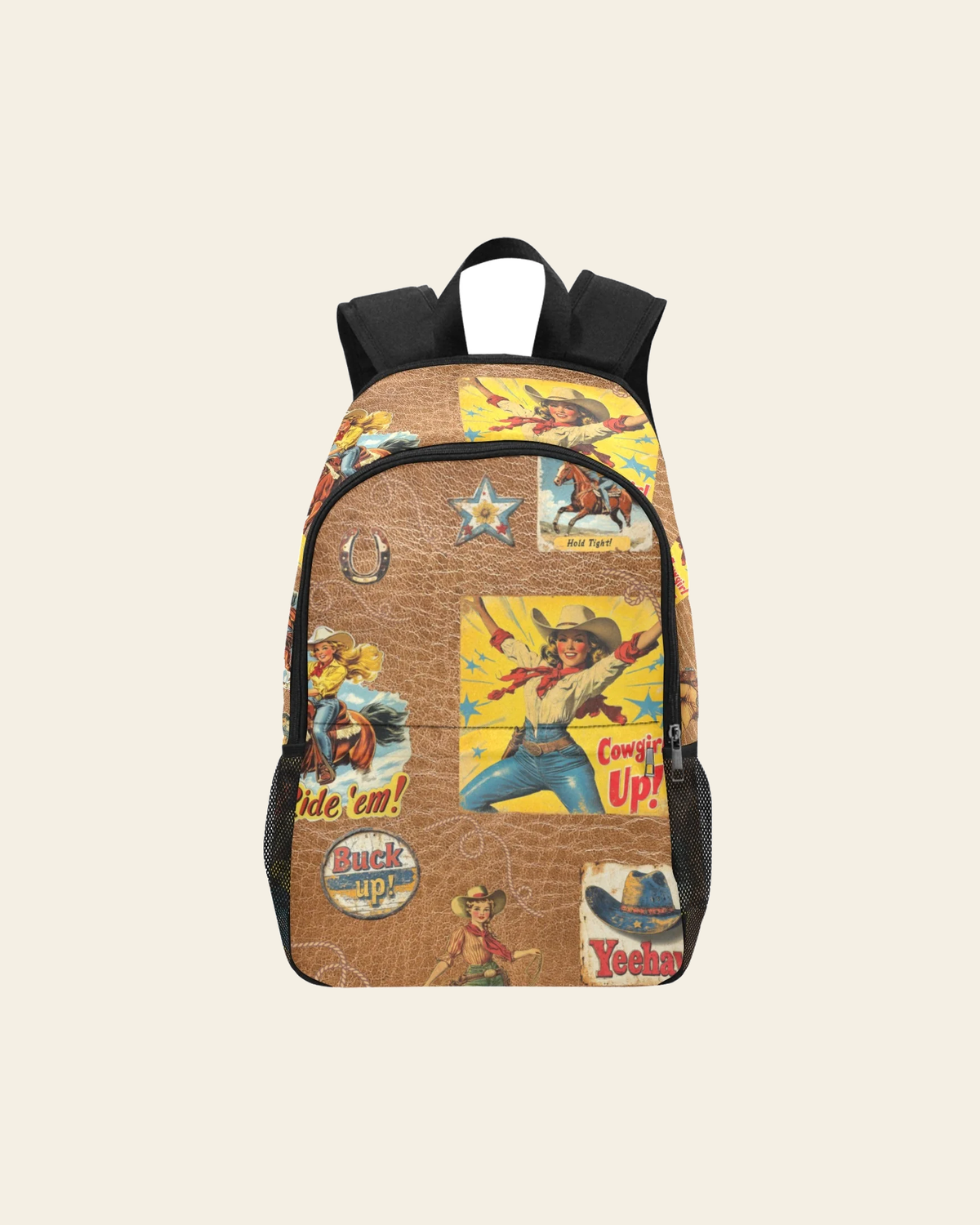 Baha Ranch Vintage Cowgirl Collage Backpack on a warm cream background